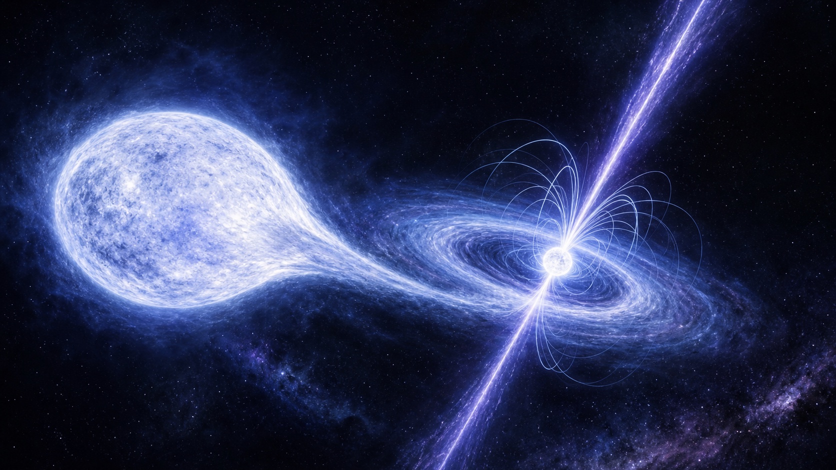 Ilustração de uma anã branca compacta arrancando um filamento de matéria de uma pequena estrela vermelha companheira, com feixes de ondas de rádio saindo das linhas de campo magnético que ligam as duas