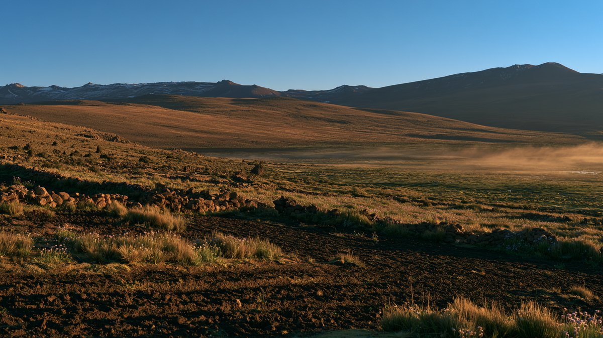 Campo de batata em floração numa encosta do altiplano andino ao amanhecer, dividido por muretas baixas de pedra, com o planalto árido e cumes nevados ao fundo