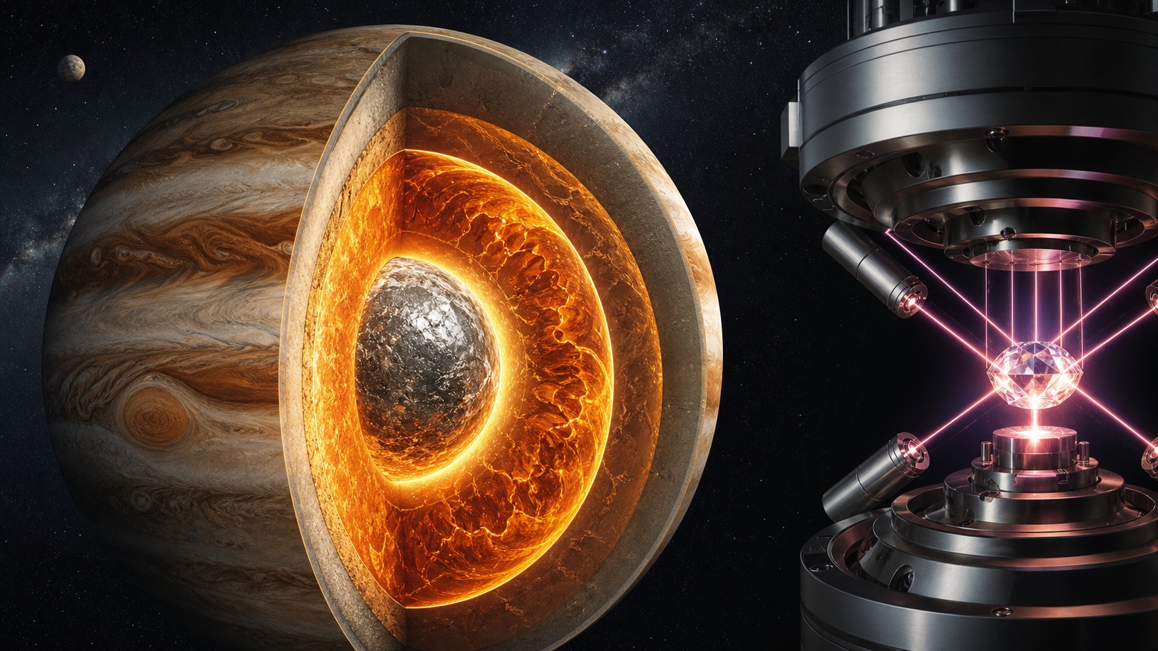 Folha metálica montada em câmara experimental de vácuo, atingida por um pulso de laser intenso enquanto um feixe de raios X atravessa a região comprimida