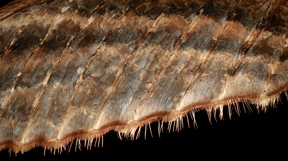 Macrofotografia da borda de uma asa de mariposa-esfinge, com escamas marrons e creme sobrepostas e cerdas finas de comprimentos desiguais projetando-se da margem contra fundo preto