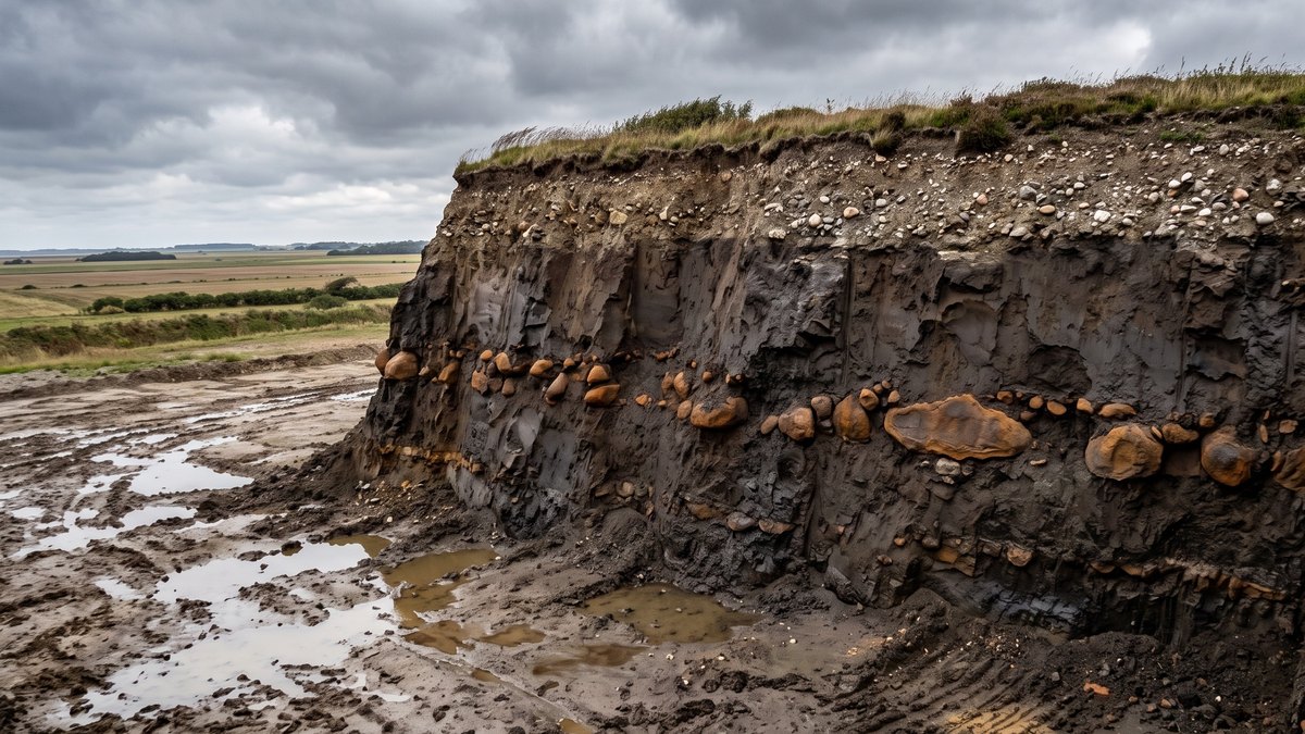 Corte vertical numa antiga argileira: parede de argila marinha escura atravessada por faixas de nódulos arredondados cor de ferrugem, com uma camada mais clara de depósito glacial no topo e poças rasas no piso da escavação
