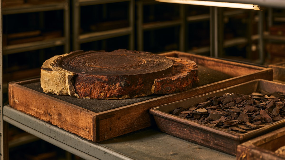 Um grande disco vertebral fóssil, de face marcada por sulcos concêntricos e borda irregular, ainda preso a gesso claro de um lado, apoiado numa caixa rasa de madeira sobre prateleira de aço; ao lado, uma bandeja com dezenas de fragmentos escuros soltos; ao fundo, corredores de prateleiras em sombra