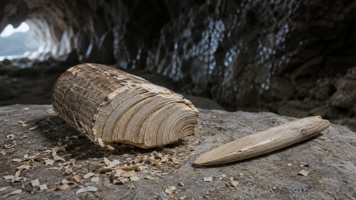 Fragmento de presa de mamute sobre uma laje de pedra dentro de uma caverna, com a extremidade descascada mostrando lâminas concêntricas de dentina; ao lado, uma haste de marfim de ponta biselada e alisada, e lascas finas de marfim espalhadas sobre a pedra