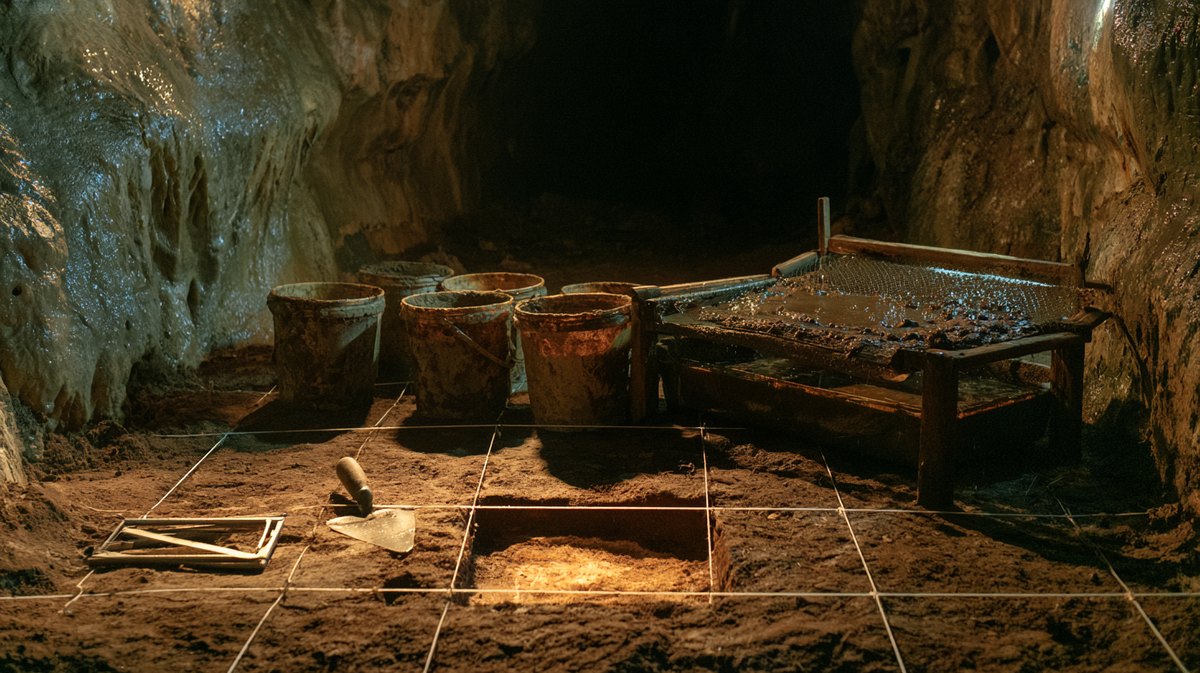 Interior de uma caverna de calcário com uma escavação arqueológica em quadrículas demarcadas por barbante e um posto de peneiramento com água ao fundo