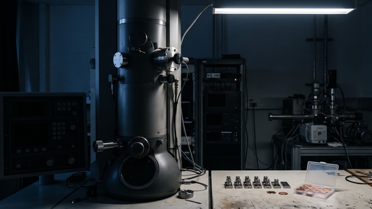 Sala escura de laboratório: a coluna cilíndrica de um microscópio eletrônico de transmissão ocupa o lado esquerdo, e sobre a bancada iluminada à direita estão suportes metálicos de amostra e uma caixa aberta de grades de cobre