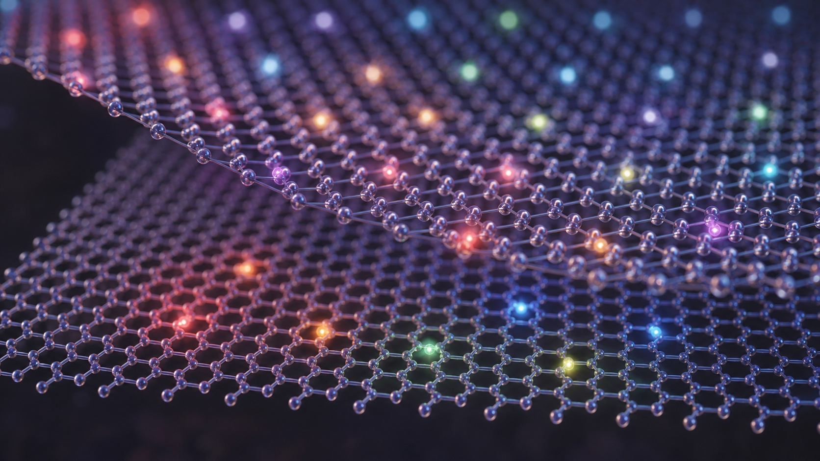 Duas redes hexagonais de átomos sobrepostas com um pequeno ângulo entre si, formando o padrão periódico de manchas claras e escuras característico de uma superrede de moiré