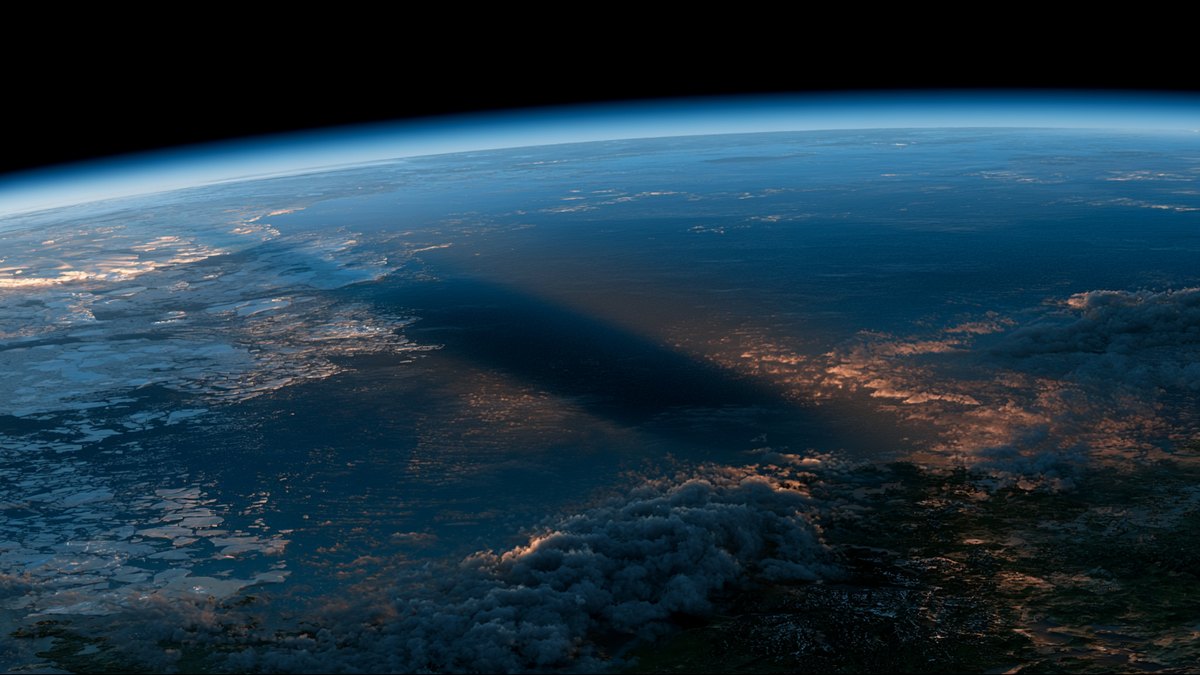 Ilustração da sombra circular da Lua projetada sobre o Atlântico Norte, entre a Groenlândia e a Islândia, vista de órbita alta, com a curvatura da Terra e o terminador ao fundo