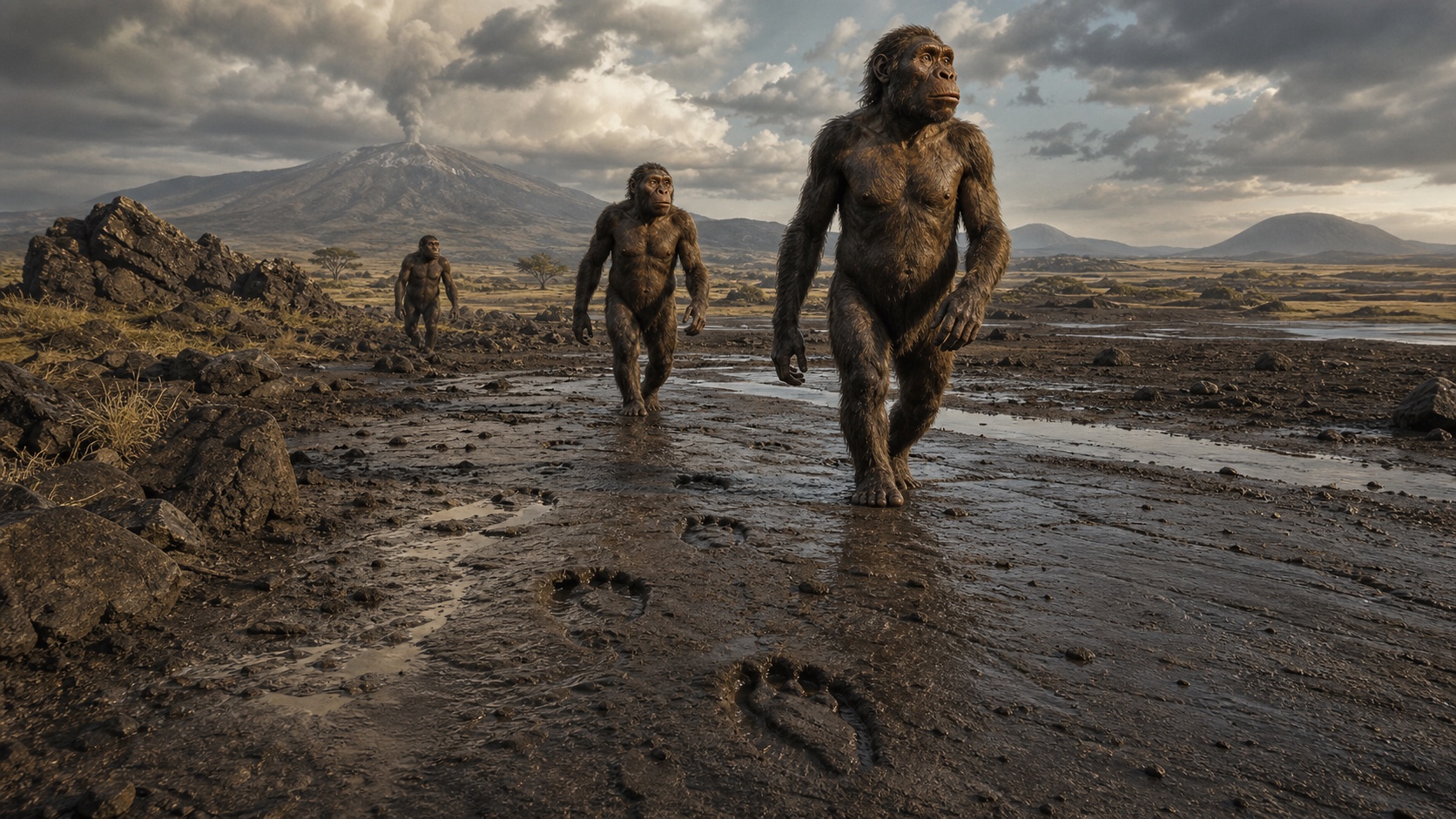 Reconstrução artística de três hominíneos caminhando em fila sobre lama úmida na margem de um lago, com pegadas frescas em primeiro plano e um vulcão fumegante ao fundo