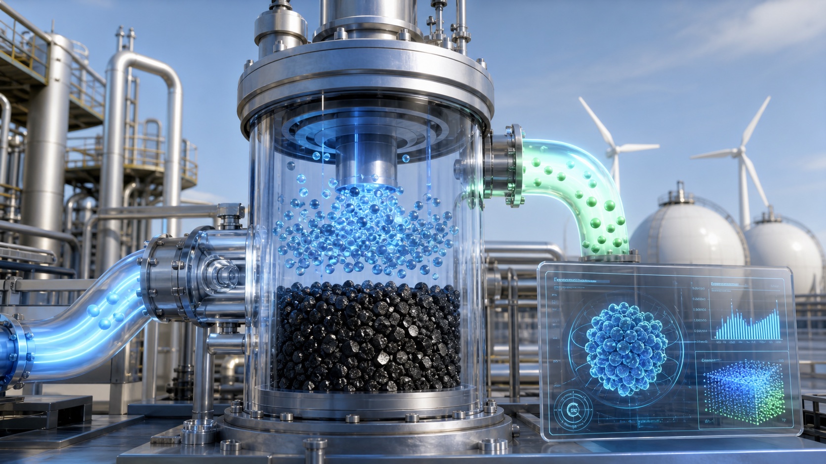 Ilustração de um reator cilíndrico de vidro e aço em uma planta industrial: um duto azul injeta bolhas que atravessam um leito de grânulos pretos de carbono, um duto verde recolhe o gás na saída e um painel translúcido ao lado exibe um modelo molecular e gráficos, com torres de refinaria, esferas de armazenamento e turbinas eólicas ao fundo